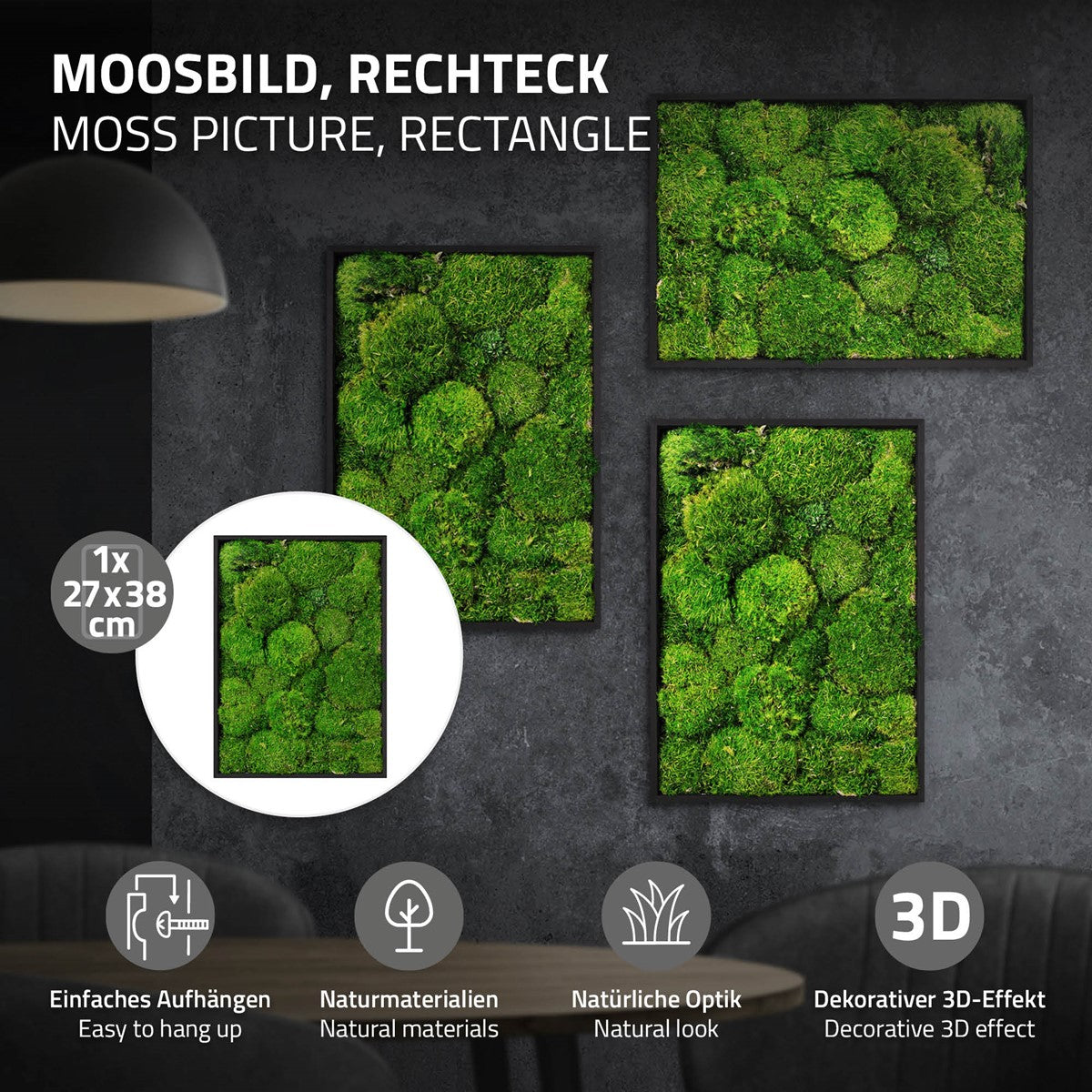 Drei rechteckige Moosbilder an einer dunklen Wand; Hinweise zeigen Naturmaterialien, einfache Aufhängung und 3D-Effekt.