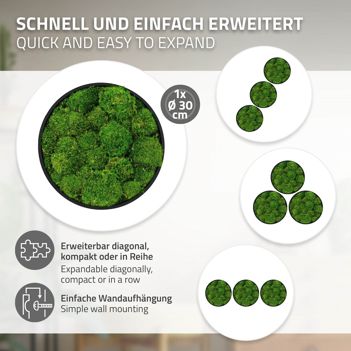Rundes Moosbild mit schwarzem Rand; Grafiken zeigen mehrere Bilder als Reihe, diagonal oder kompakt angeordnet.