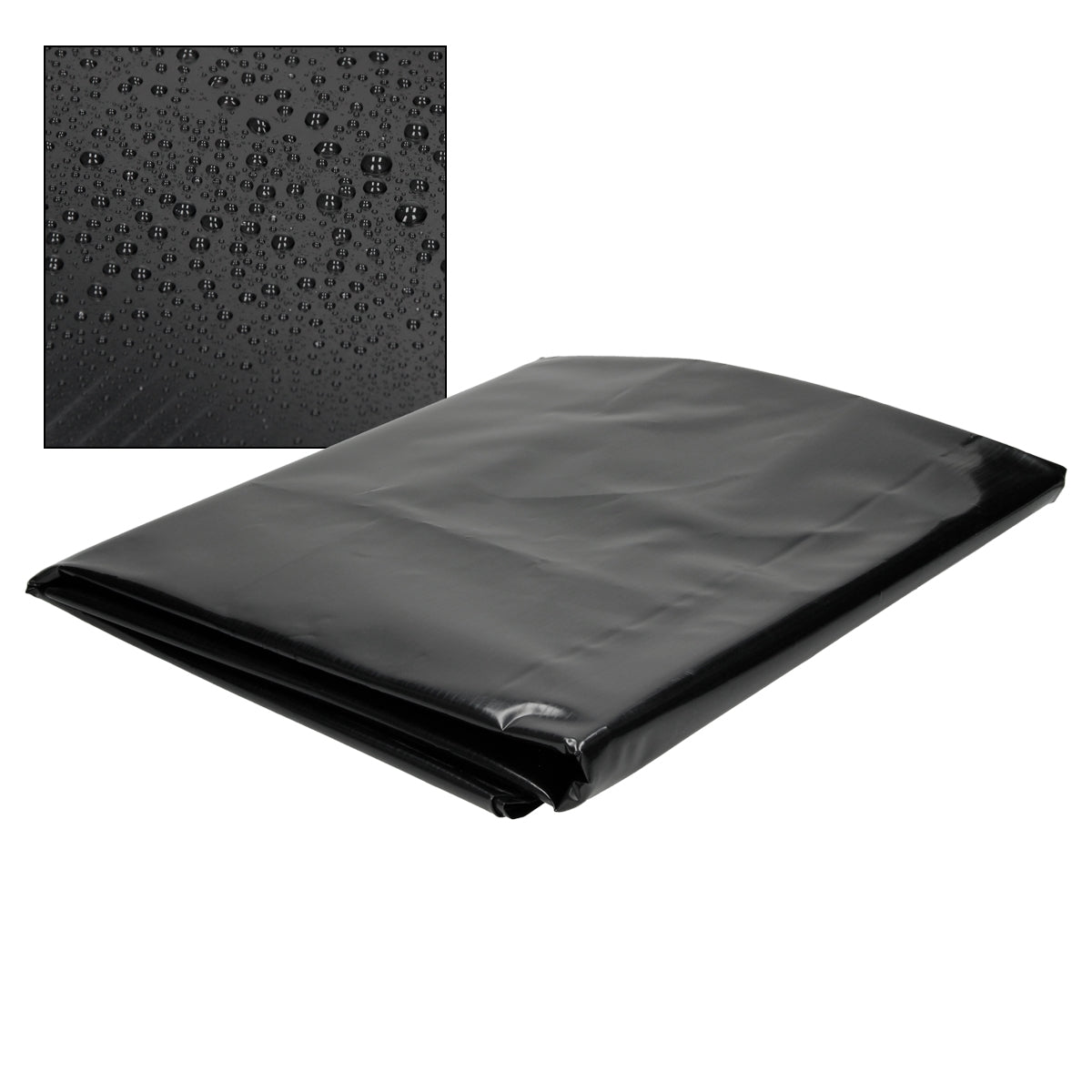 Schwarze, glänzende Folie mit Wassertropfen auf der Oberfläche.