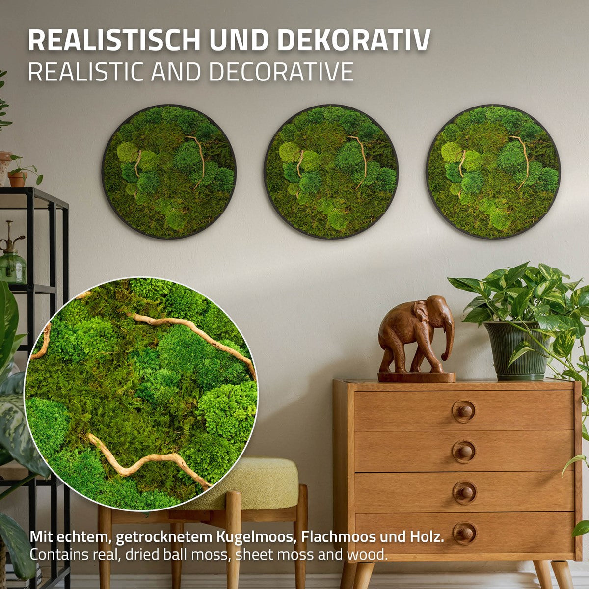 Drei runde Moosbilder hängen über einer Kommode; ein vergrößerter Ausschnitt zeigt Moos und Holz.