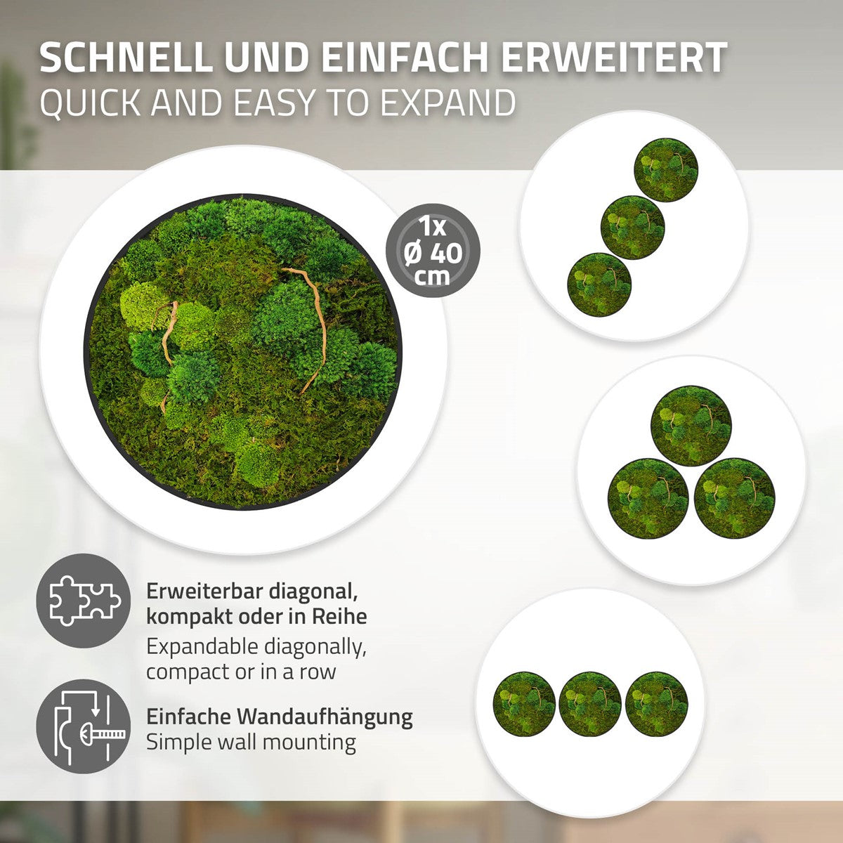 Rundes Moosbild und mögliche Anordnungen mehrerer Bilder; Text nennt Erweiterbarkeit, 40 cm Durchmesser und einfache Wandaufhängung.