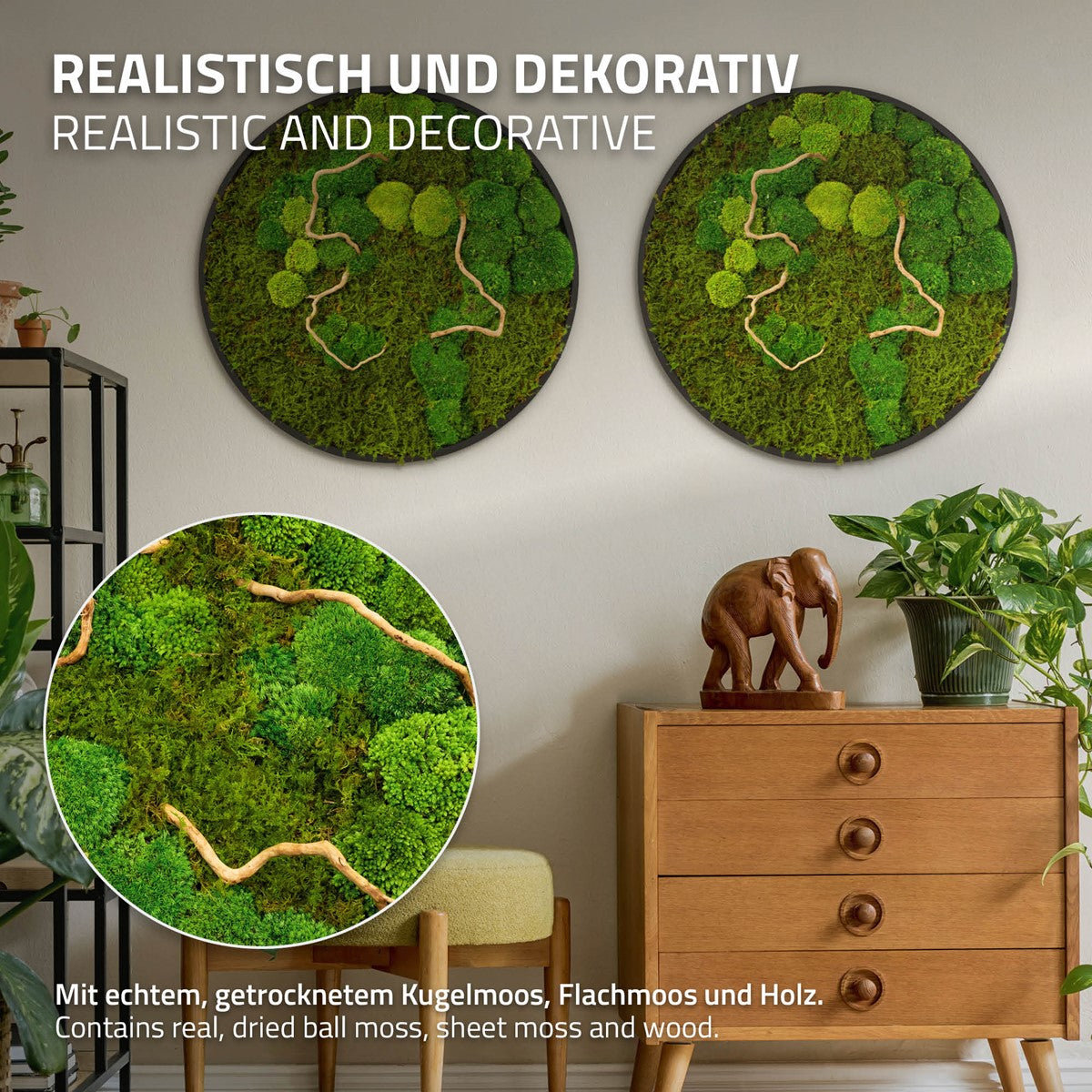 Zwei runde Moosbilder hängen über einer Kommode; ein vergrößerter Ausschnitt zeigt Moos und Holz.