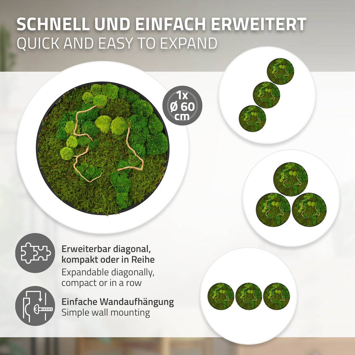 Infografik zeigt ein Moospanel mit 60 cm Durchmesser und Beispiele für drei Anordnungen mehrerer Panels.