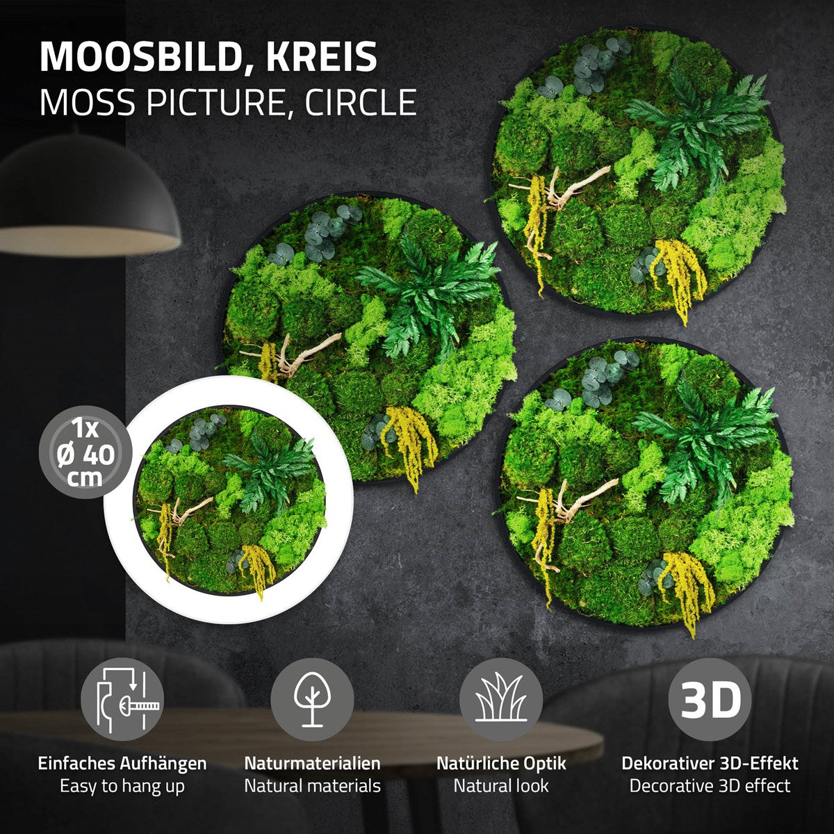 Drei runde Wandbilder aus grünem Moos mit Pflanzen und Zweigen; ein Ausschnitt zeigt den Durchmesser von 40 cm.
