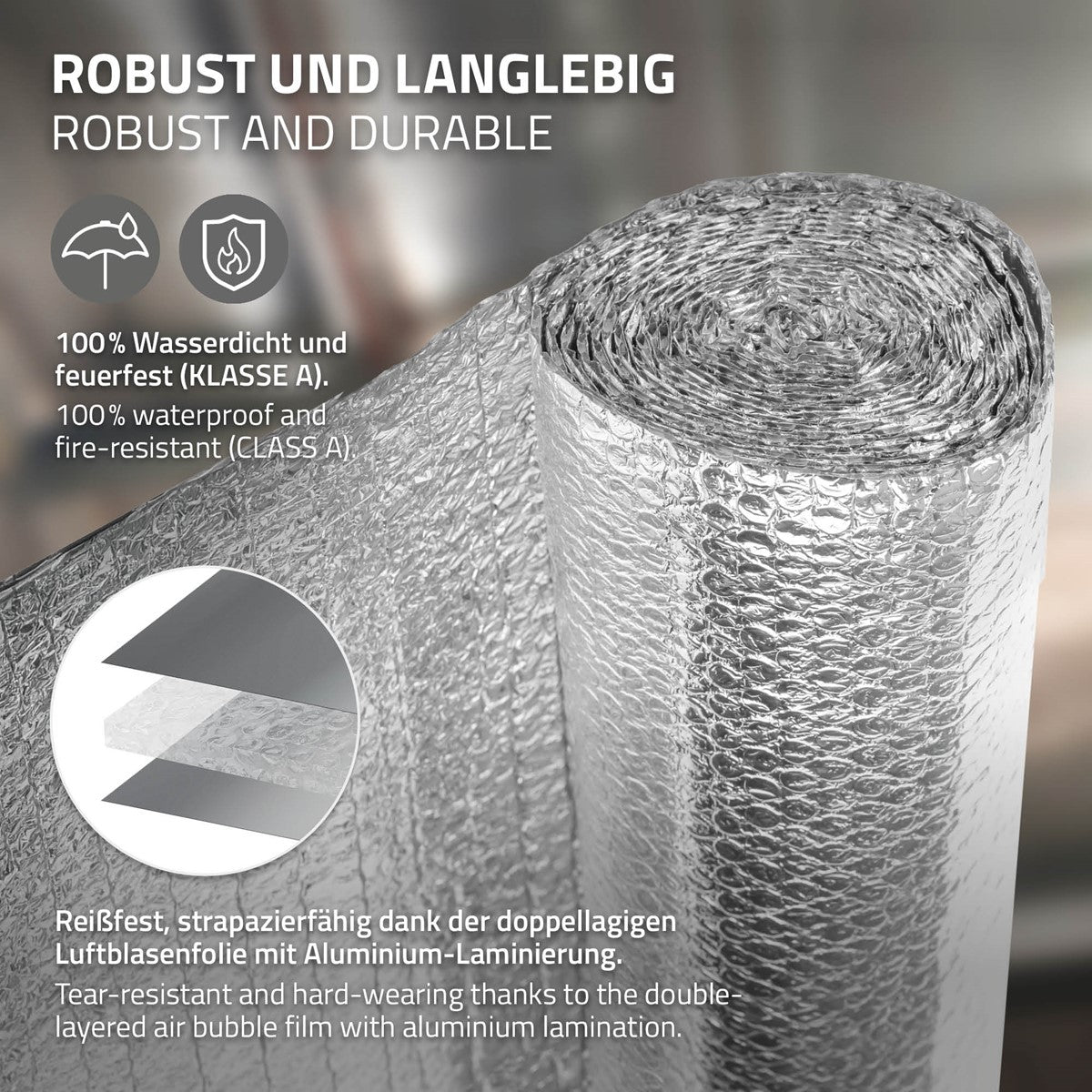 Rolle silberner Isolierfolie mit Luftpolsterstruktur; Text nennt Wasser- und Feuerfestigkeit sowie eine doppellagige Folie.