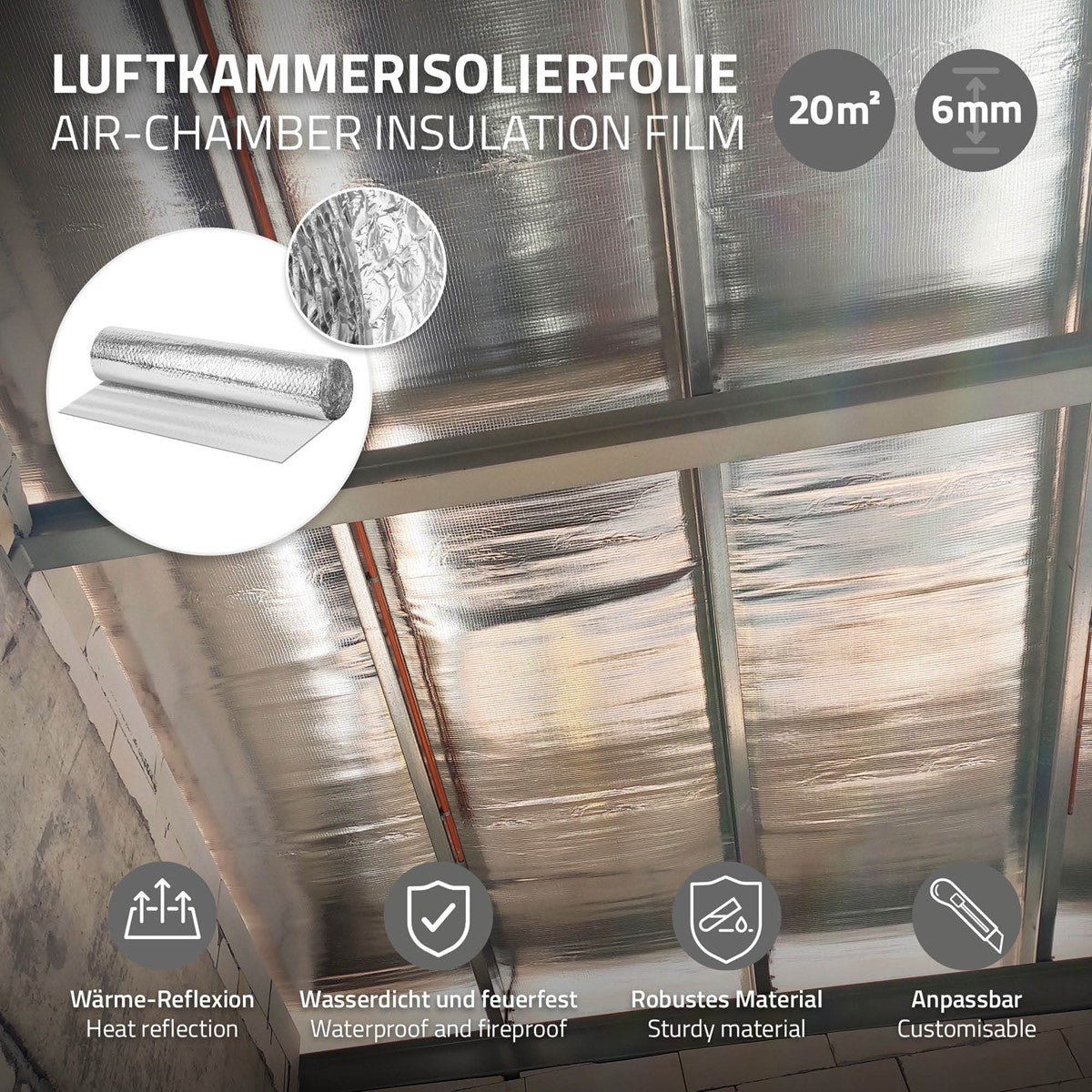 Dachinnenfläche mit silberner Luftkammer-Isolierfolie; eingeblendete Angaben nennen 20 m² und 6 mm Stärke.