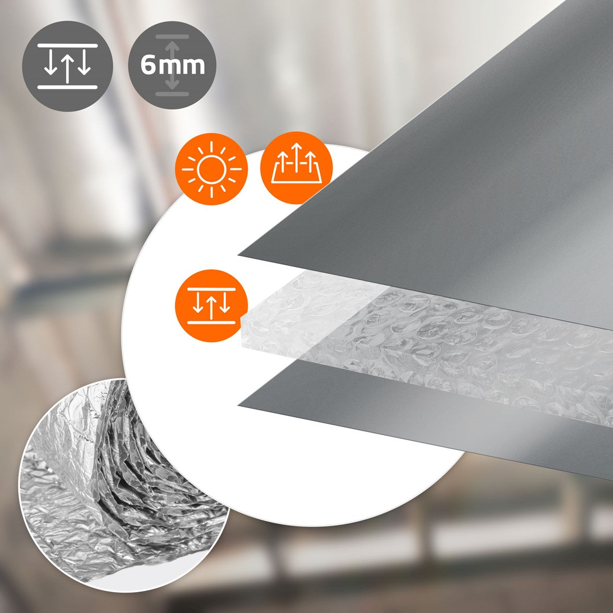 Schematischer Querschnitt eines mehrlagigen Bandes mit 6 mm Stärke und Symbolen für Eigenschaften.