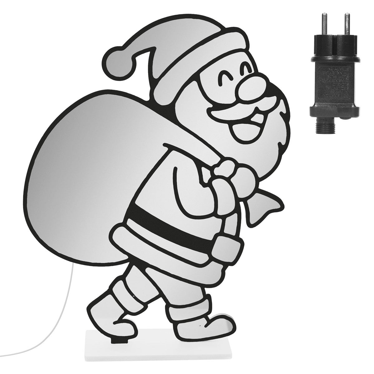 Weihnachtsmannfigur mit Sack, die einen Spiegel zeigt, auf einem weißen Hintergrund.
