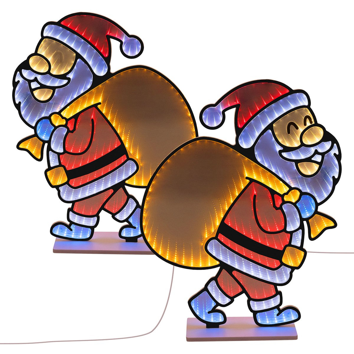 Zwei leuchtende Weihnachtsmänner mit Geschenksäcken, in bunten Farben.