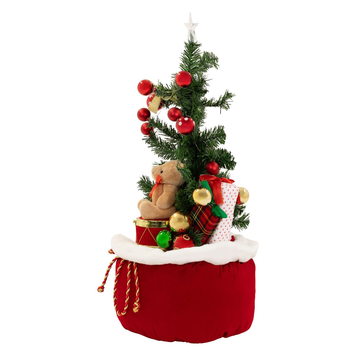 Kunstweihnachtsbaum mit Geschenken und einem Teddybär in einer roten Tasche.