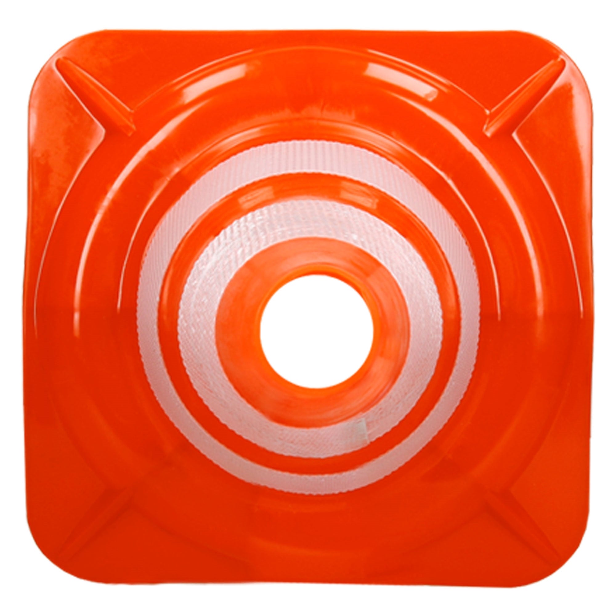Obenansicht eines orangefarbenen Verkehrshütchens mit transparentem reflektierendem Ring.