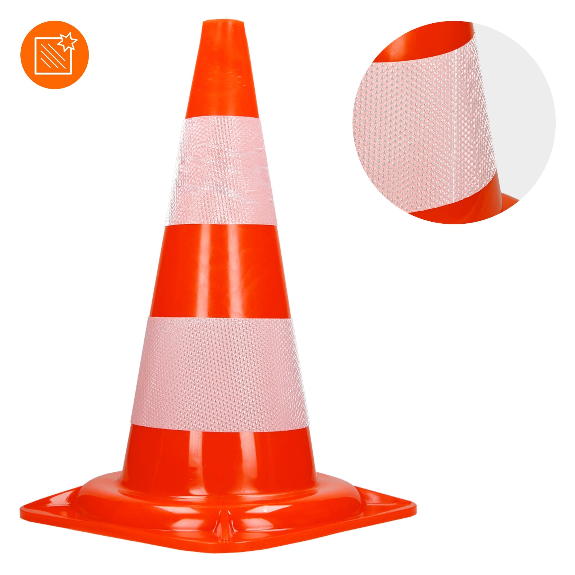 Ein orangefarbener Verkehrshütchen mit reflektierenden Streifen.