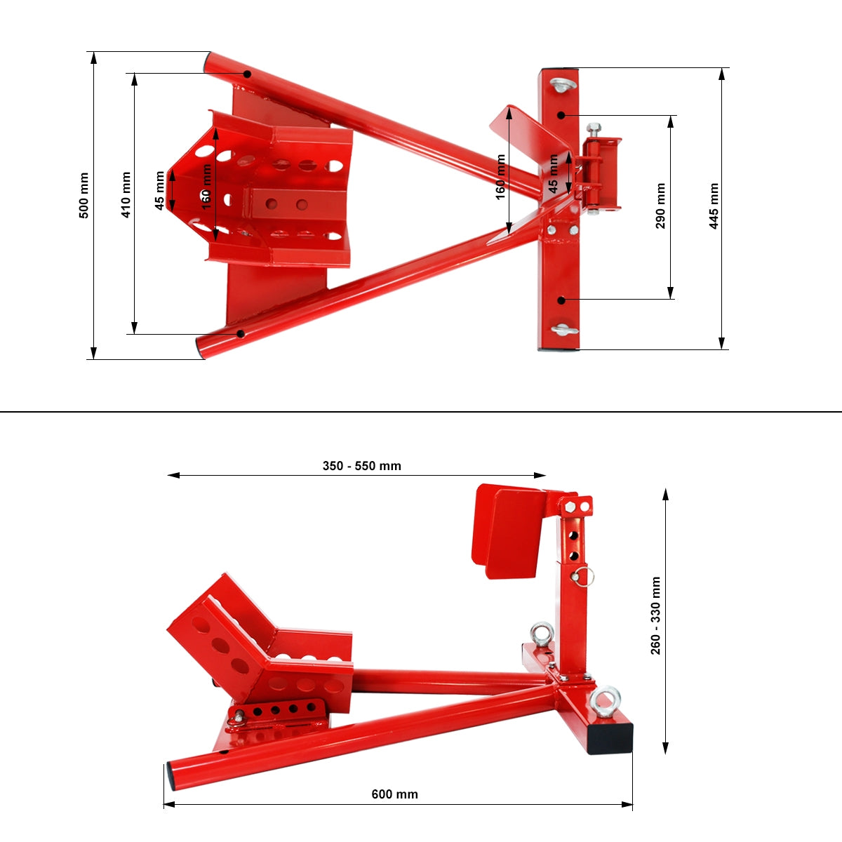 Roter Halter mit Maßen in Millimetern, von oben und seitlich dargestellt.