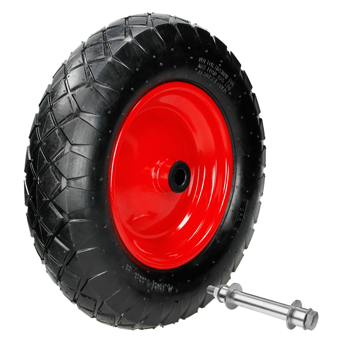 Een zwart wiel met een rode velg en een as.