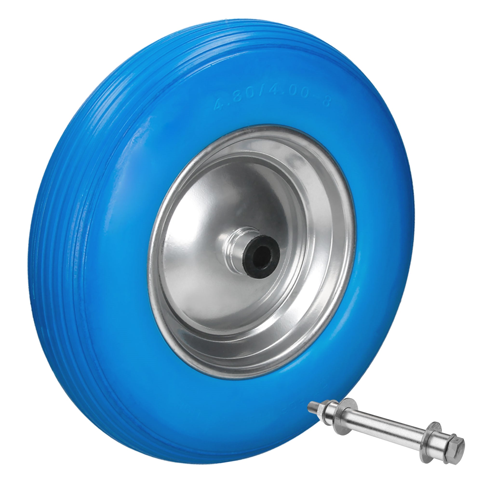 Blue tire with rim and axle, depicted on a white background.
