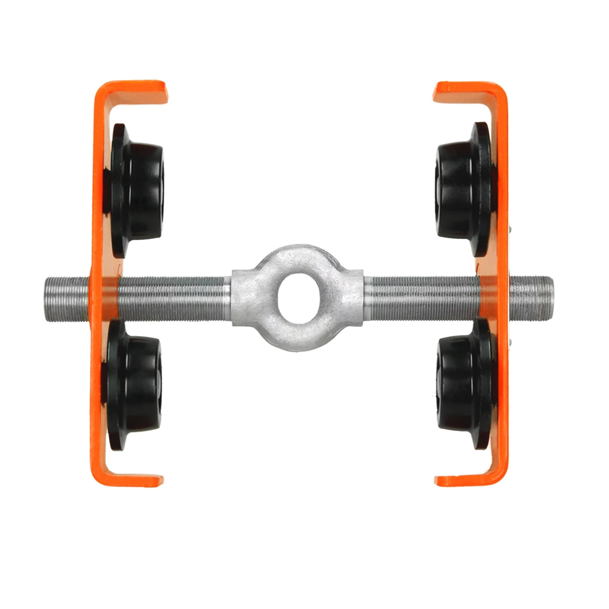 Ein mechanisches Teil mit vier schwarzen Rollen und einer silbernen Achse.