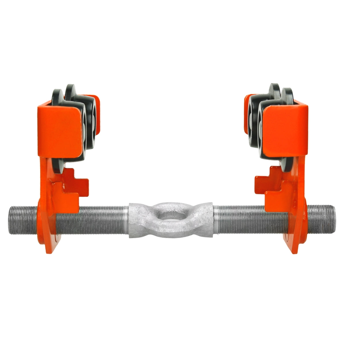 Ein orangefarbener Halter mit zwei Rollen an einem Metallzylinder.
