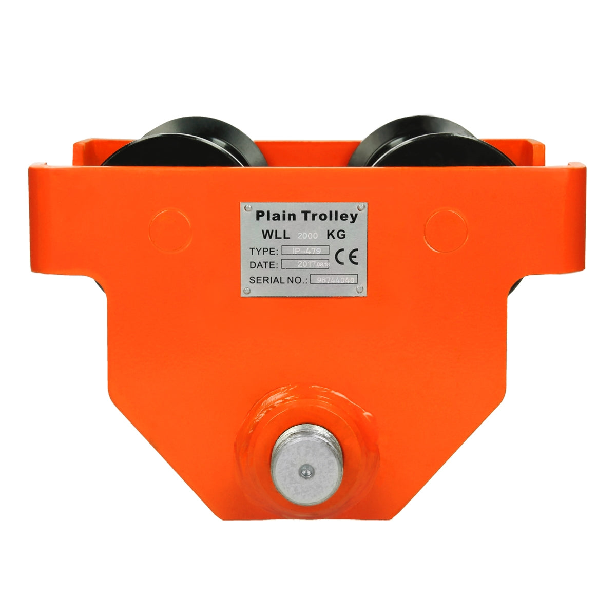 Oranger Trolley mit zwei schwarzen Rollen und einer Metallachse.