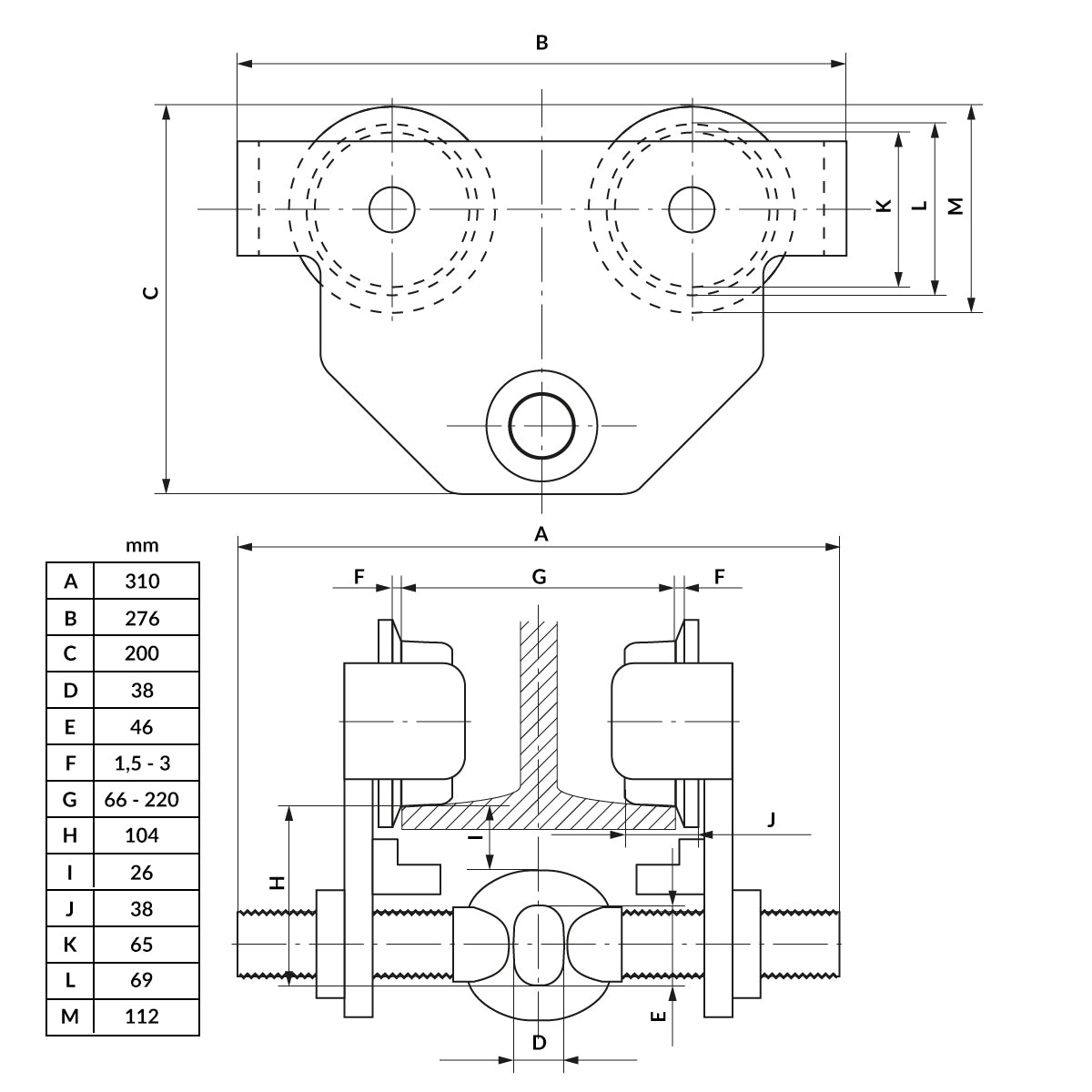 Technische Zeichnung mit Maßen und Details zu einem Bauteil.
