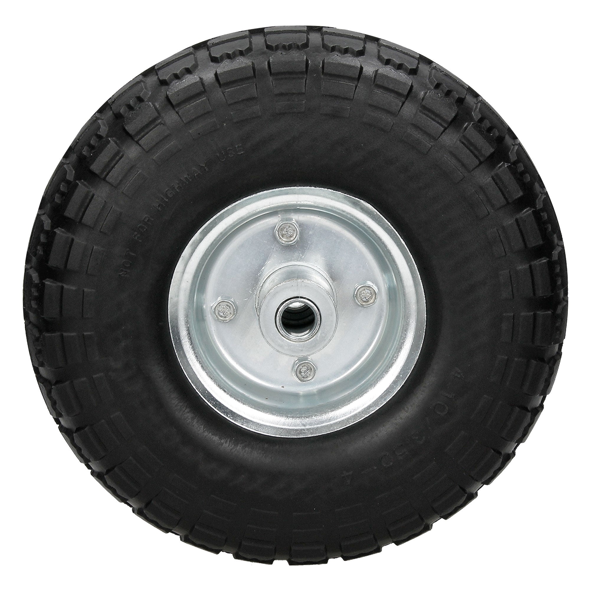 A black wheel with silver rim, viewed from above.
