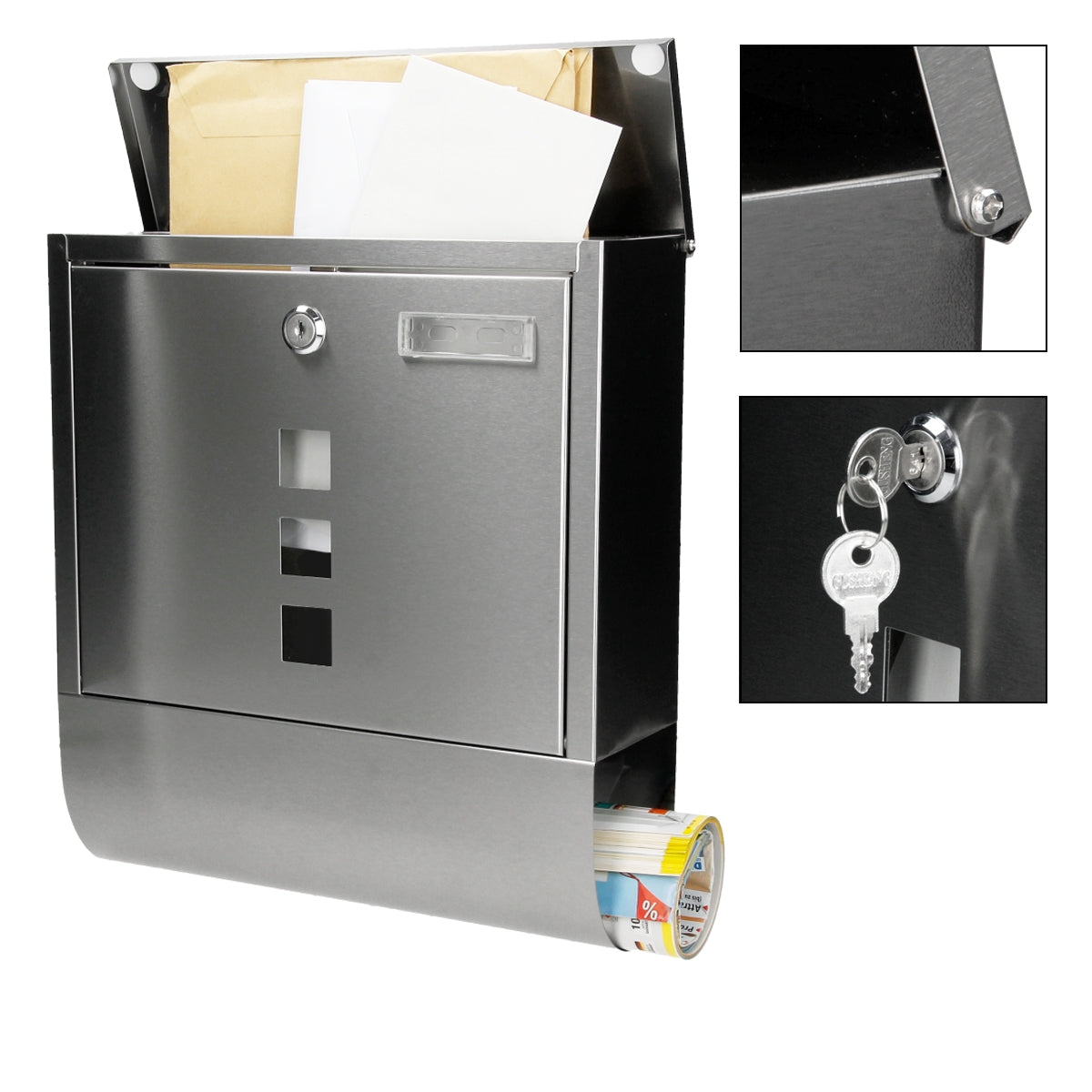 Edelstahl-Briefkasten mit Sichtfenster und Schlüsselöffnung.