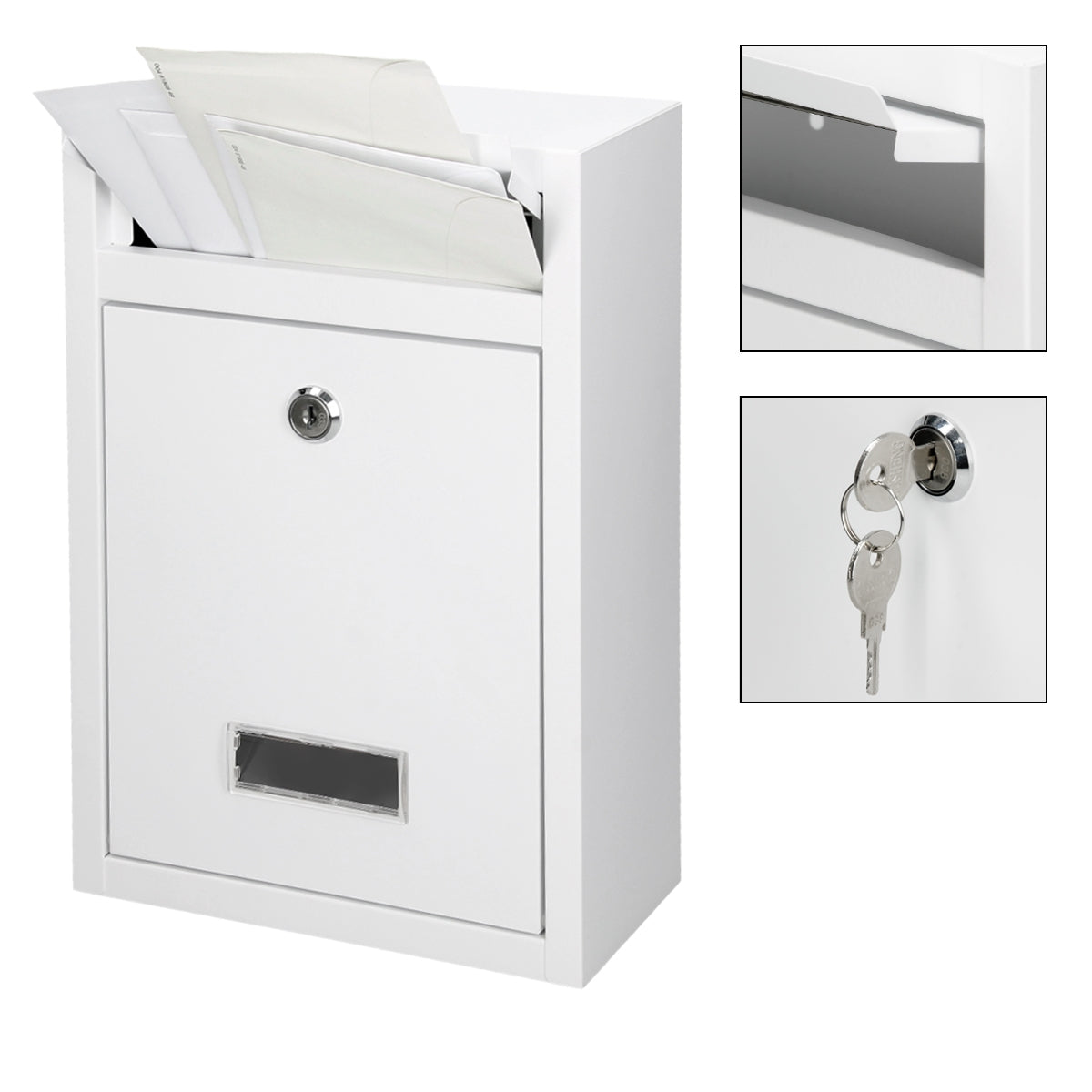 White mailbox with an open compartment for letters and a key.