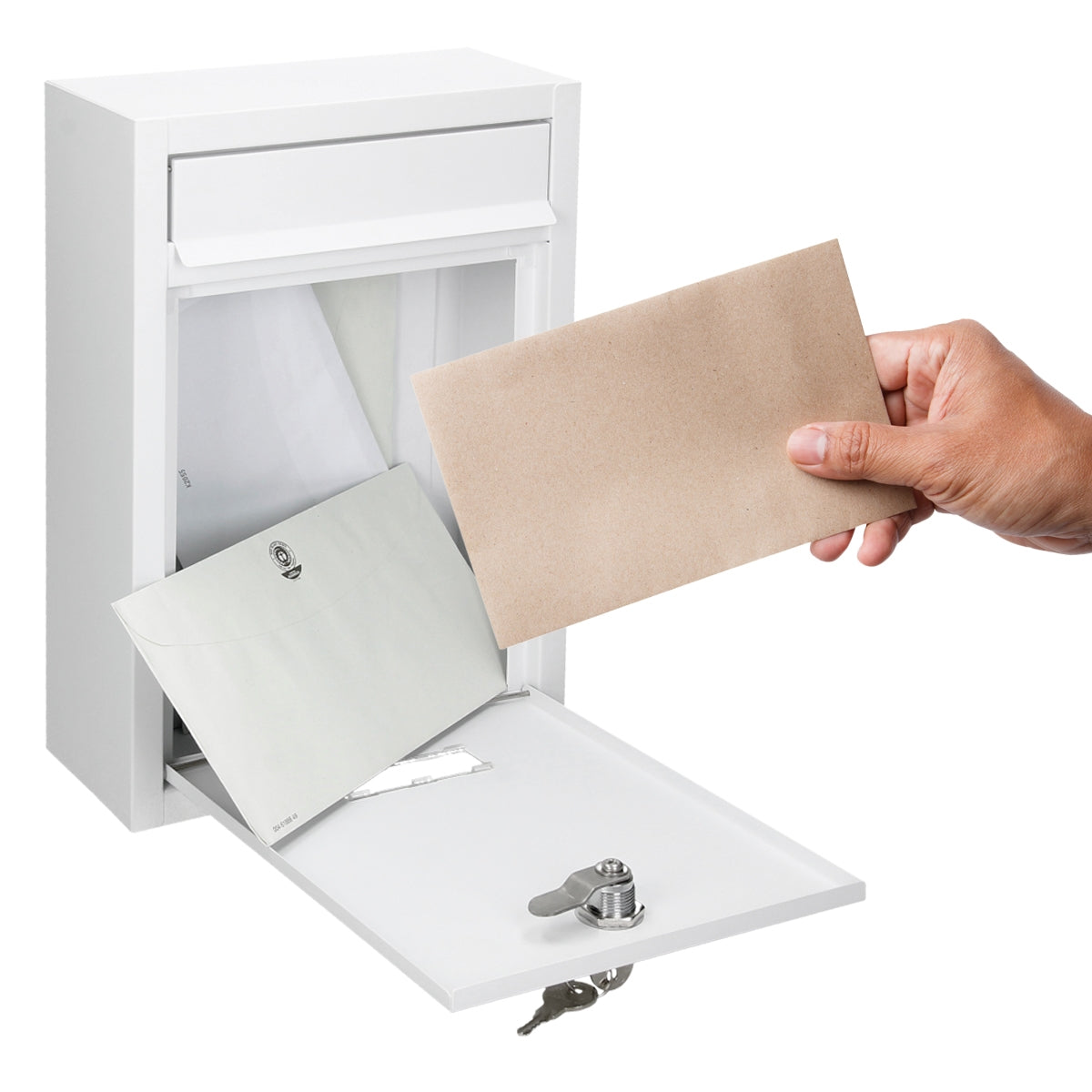 White mailbox with an open flap and a hand placing a letter inside.