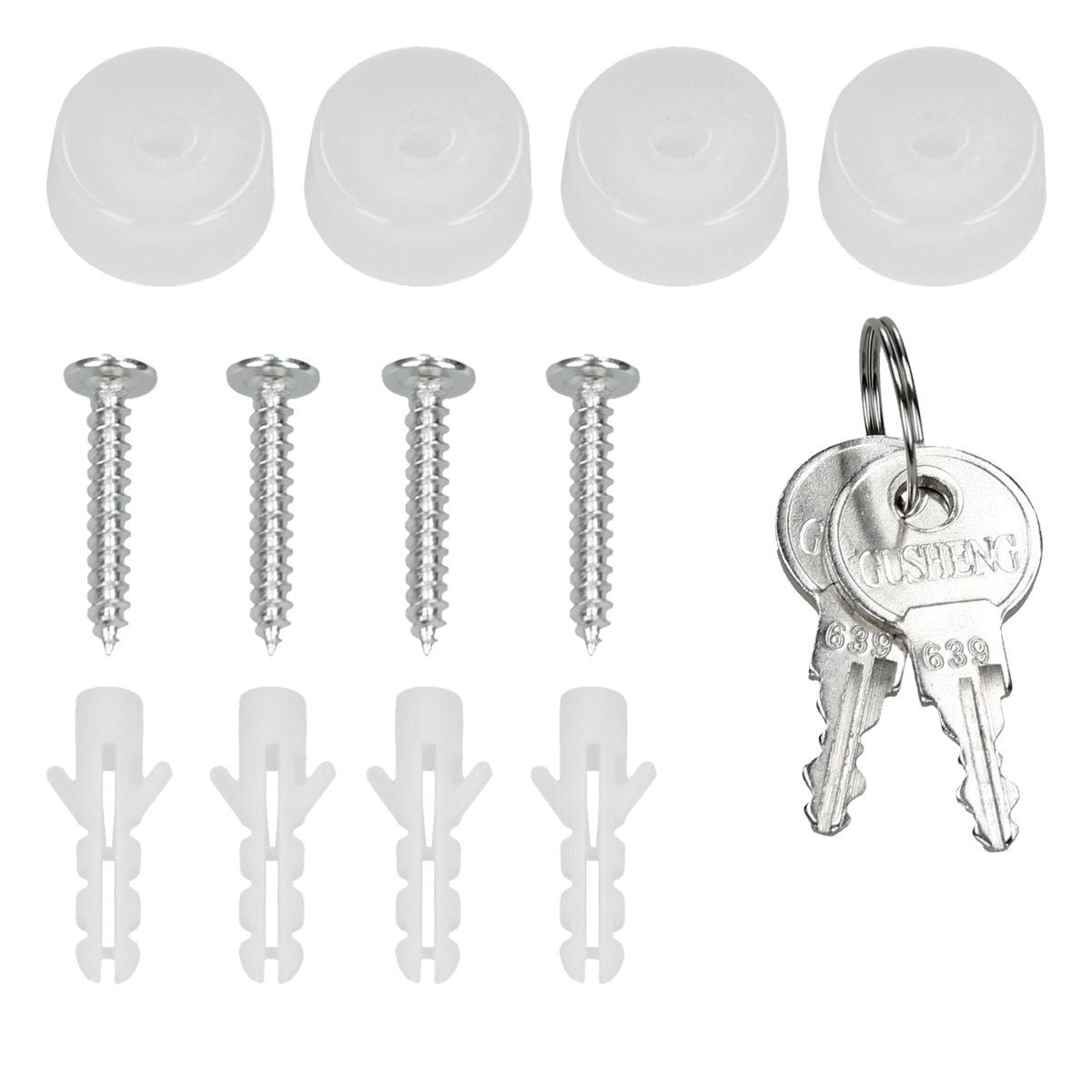 Mounting material with screws, dowels, and keys on a white background.