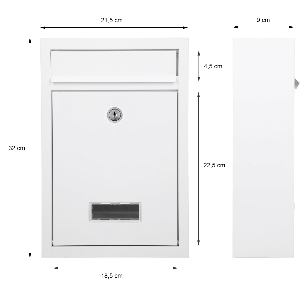 A white mailbox with a slot and a keyhole, dimensions are specified.