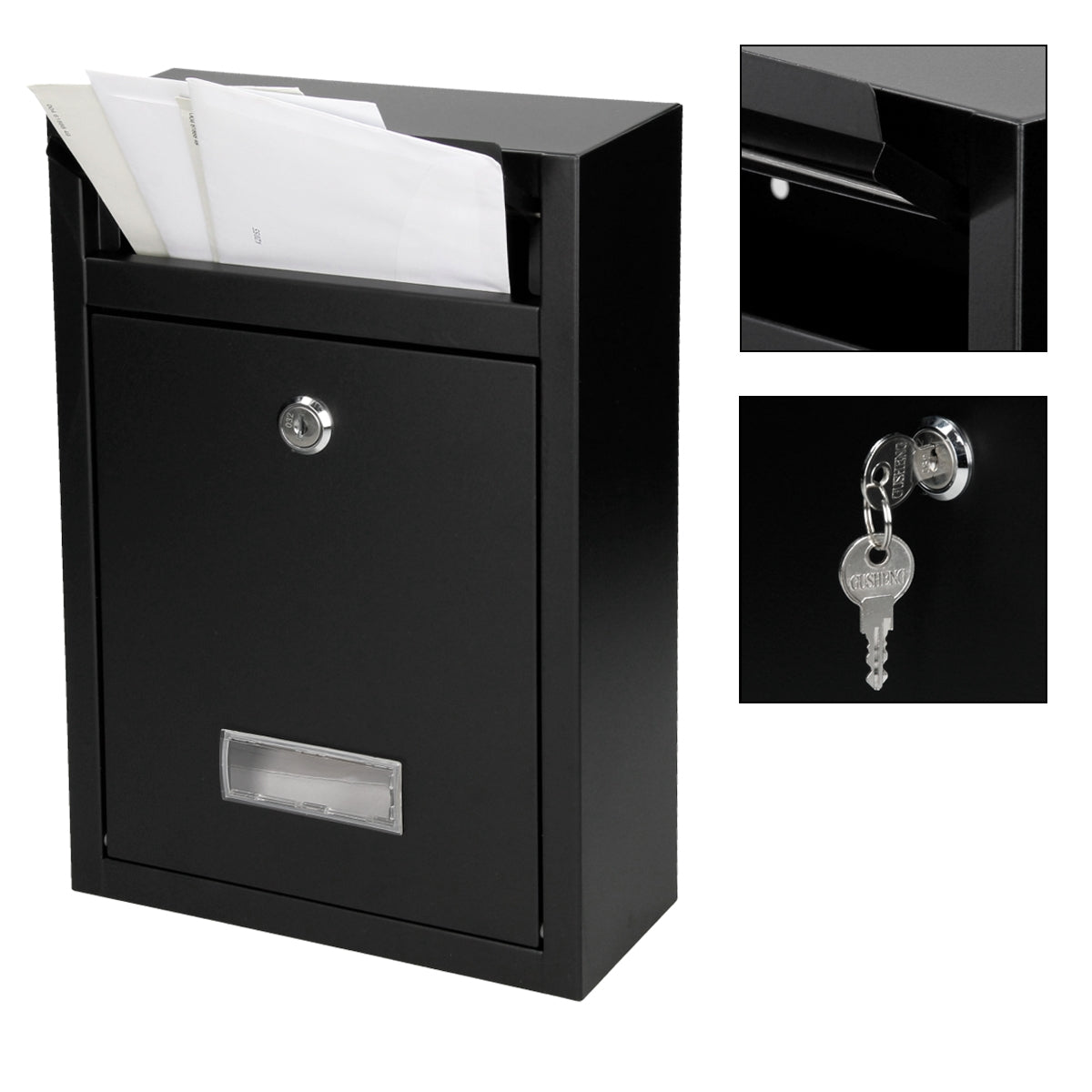 Schwarzer Briefkasten mit geöffnetem Fach und Briefen.