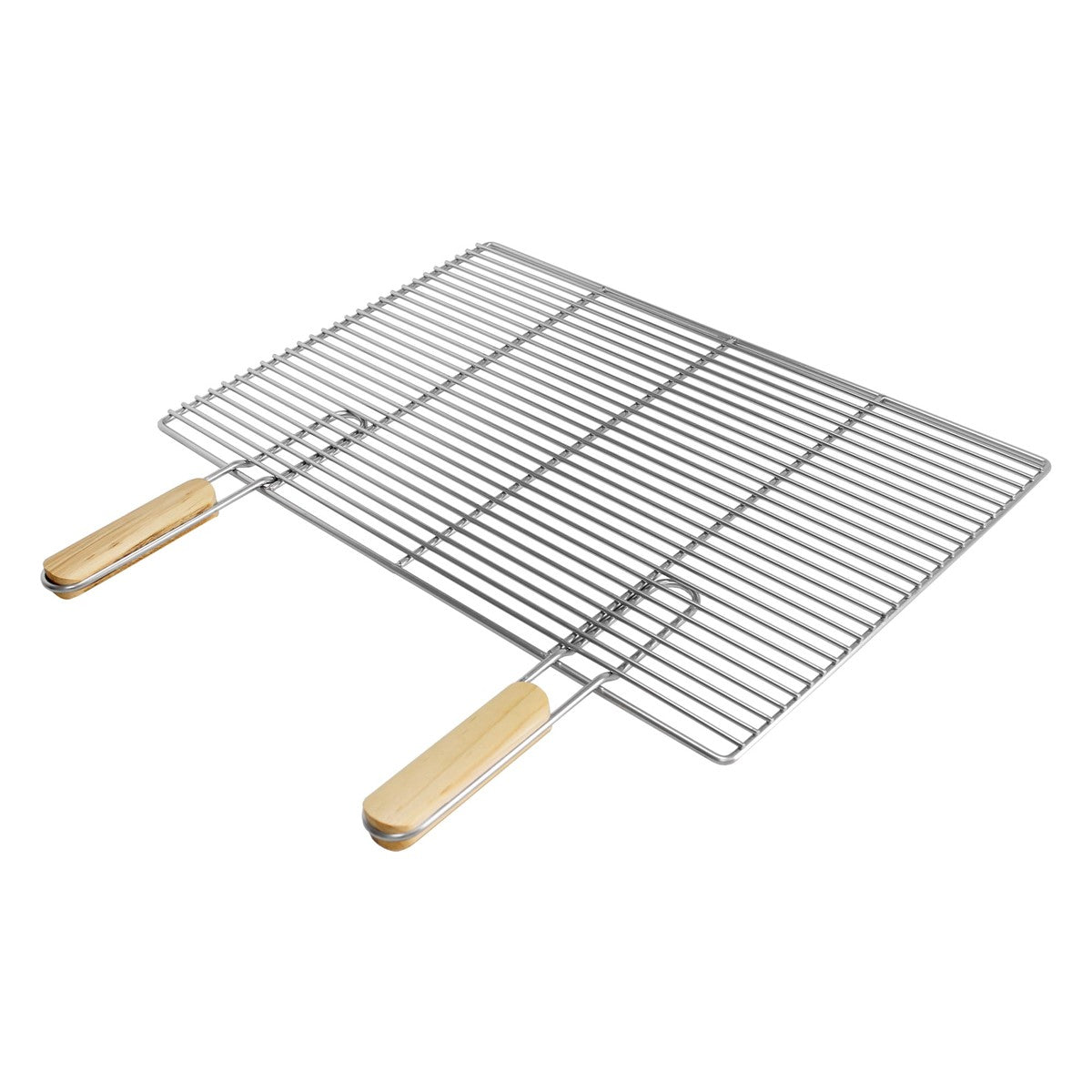 A rectangular metal baking tray with wooden handles.
