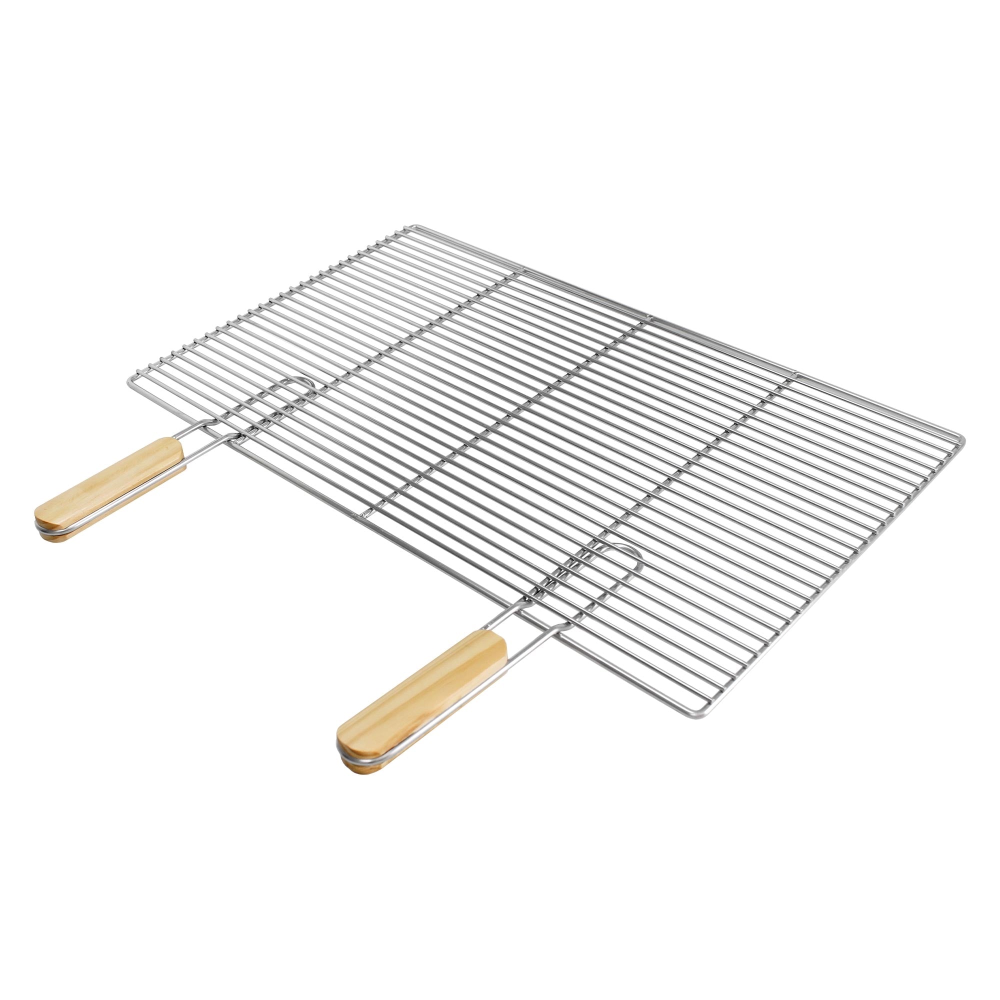 Ein rechteckiges, metallisches Backblech mit zwei Holzgriffen.