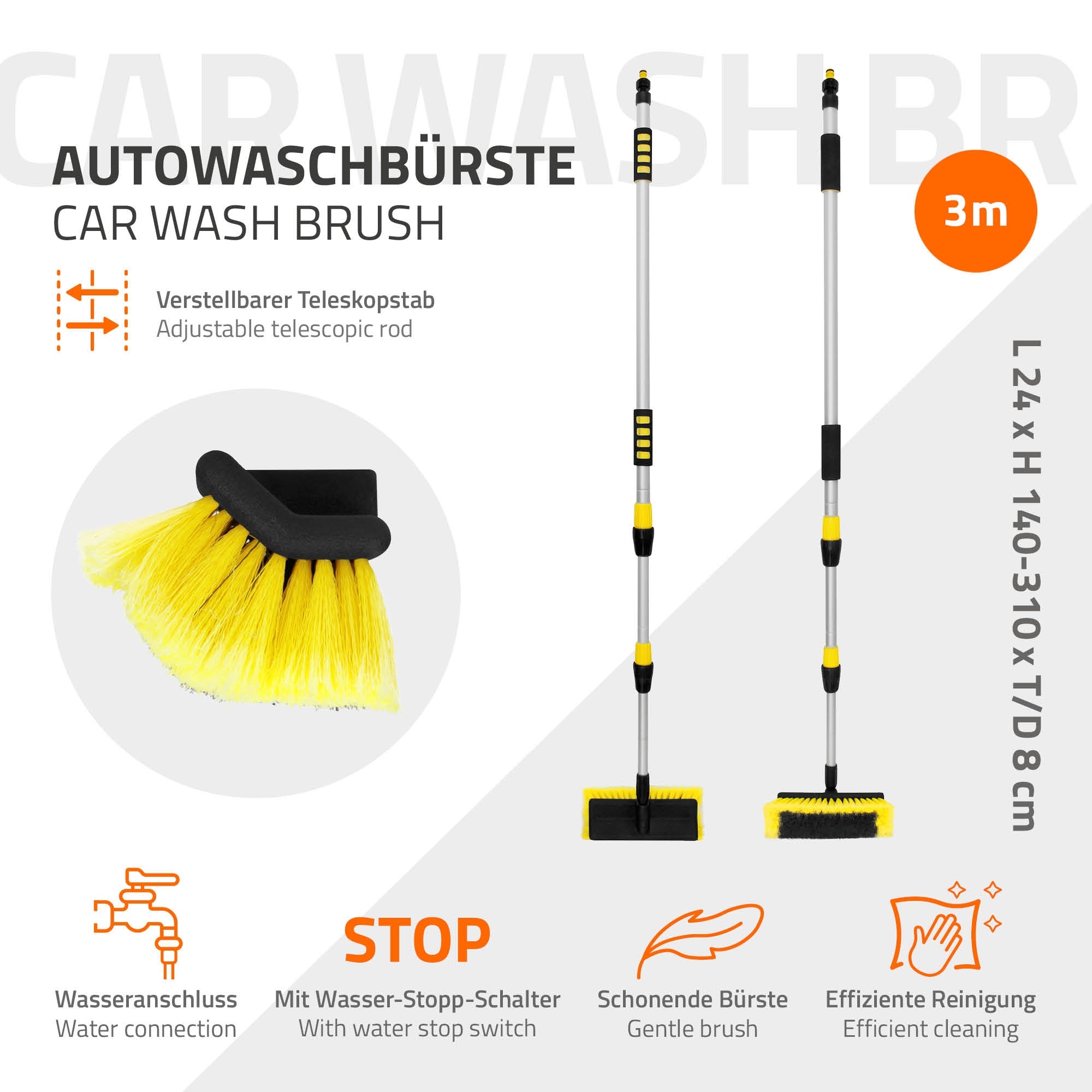 Eine Autowaschbürste mit verstellbarem Teleskopstab und gelber Bürste.