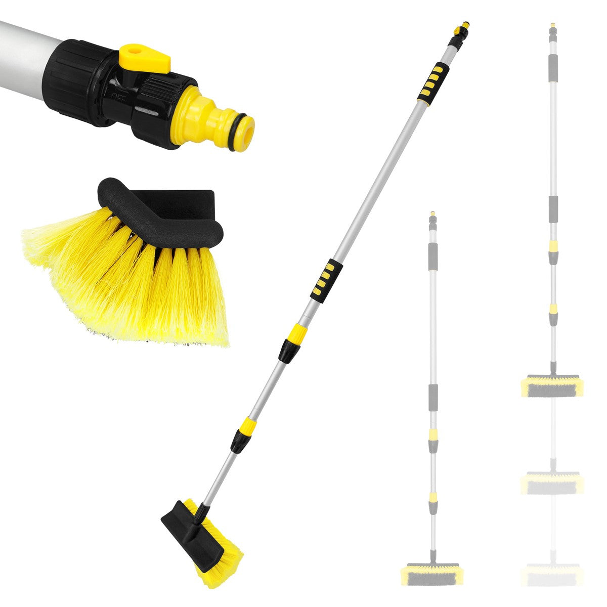 A long broom with yellow bristles and an adjustable handle.