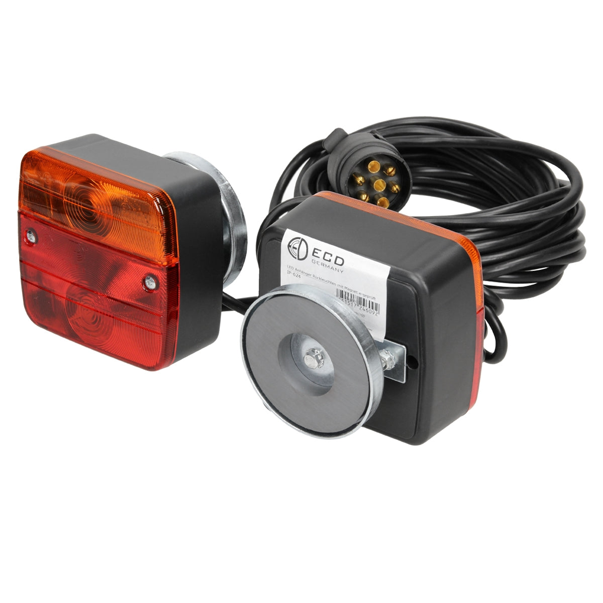 Zwei Rücklichter mit Kabel, rot und orange, runde und rechteckige Formen.