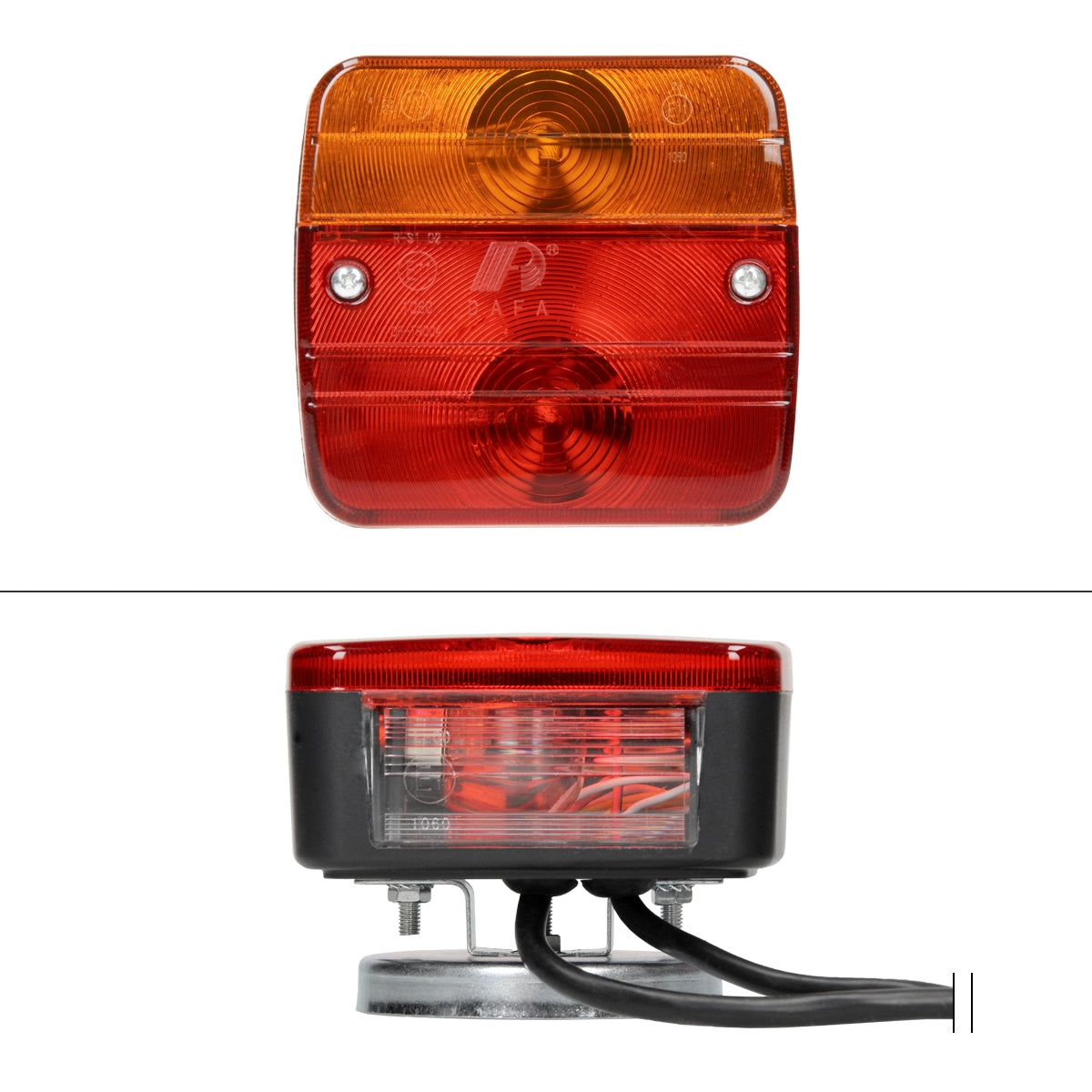 Rote und orangefarbene Rückleuchte mit zwei Lampen und Anschlusskabel.