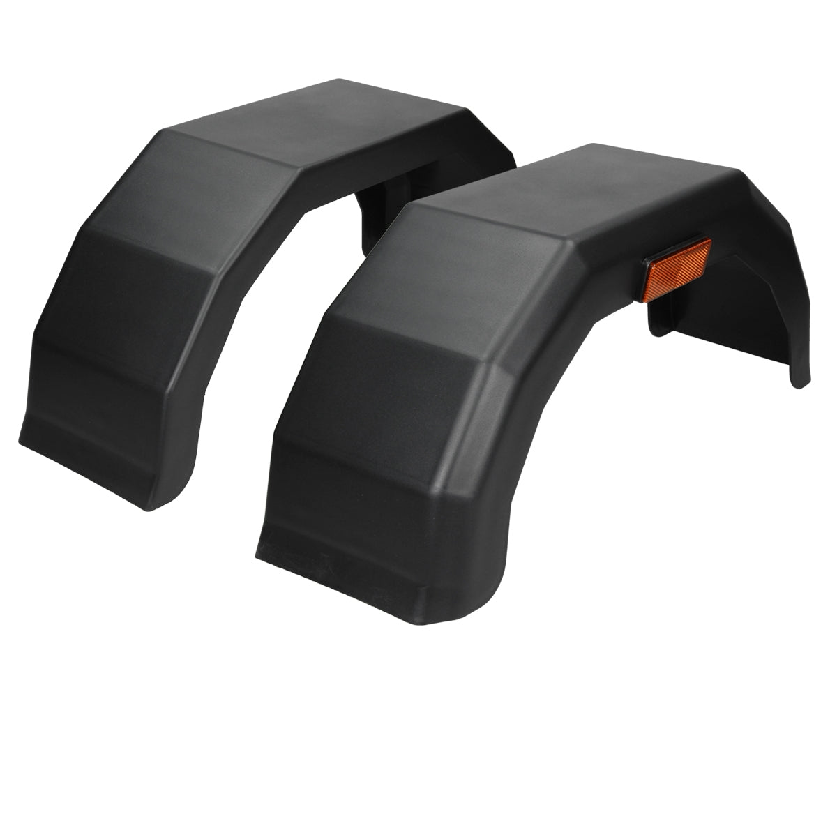 Zwei schwarze Radkästen aus Kunststoff, rechteckige Form.