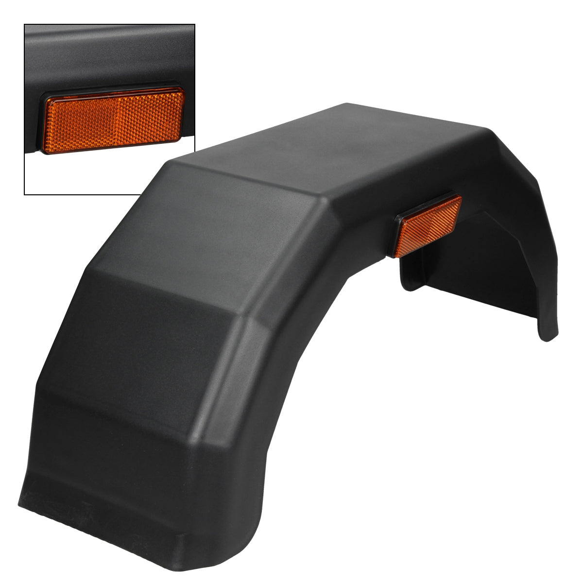 Ein schwarzer Radkasten mit einem reflektierenden orangefarbenen Element.