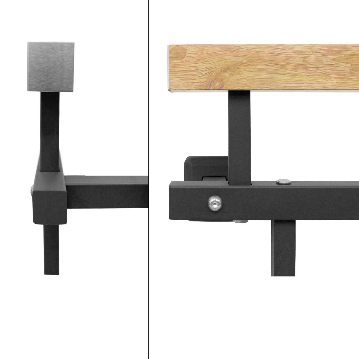 Detailansicht eines schwarzen Geländers mit Holzauflage und Metallbefestigung.