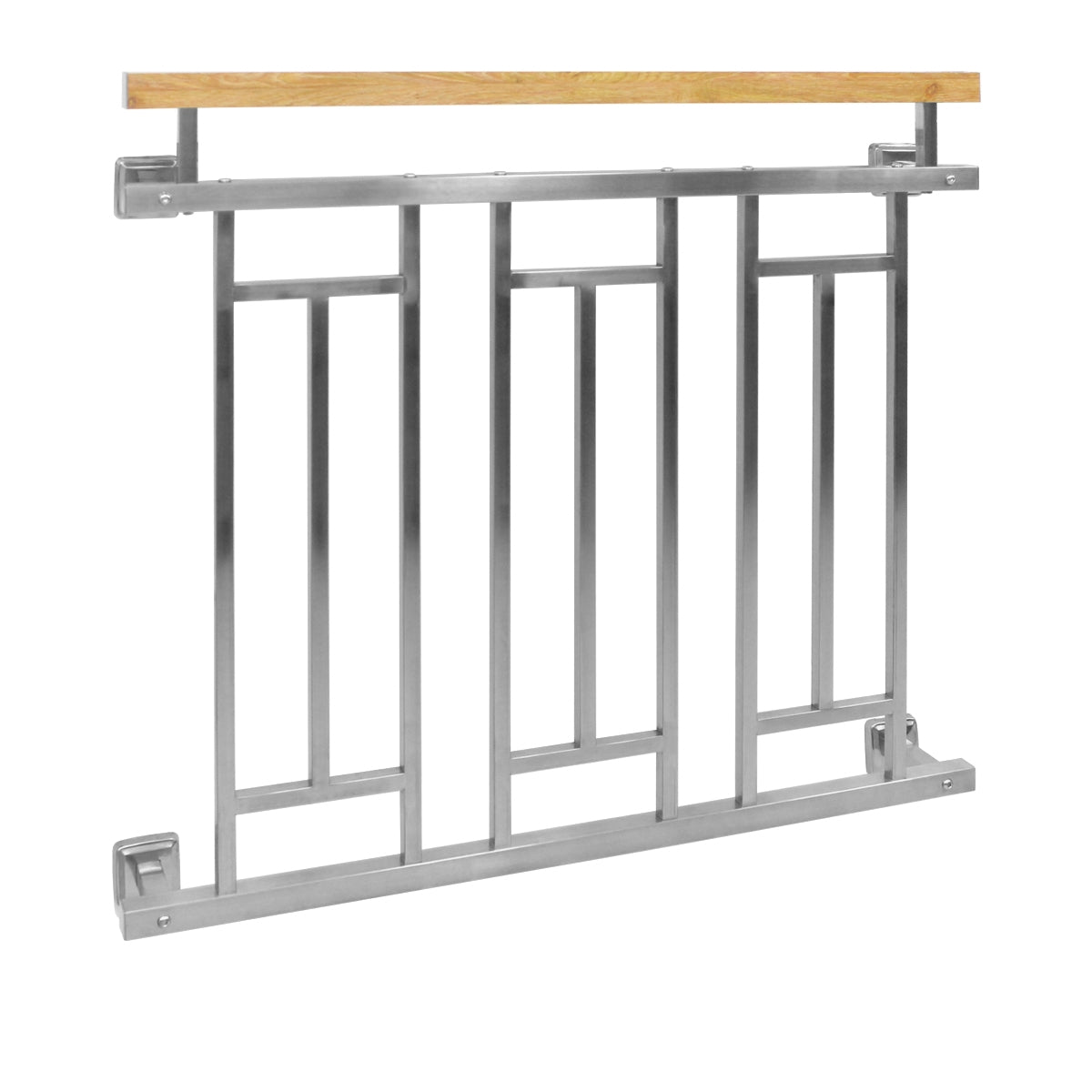 Edelstahlgeländer mit Holzoberfläche, geometrisches Design.