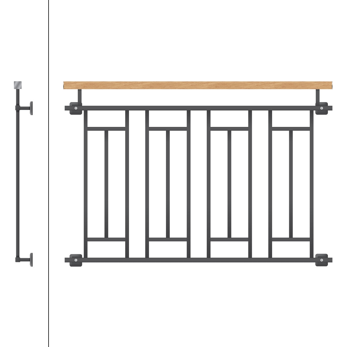 Kaide puupinnalla ja geometrisella metallimuotoilulla, musta.