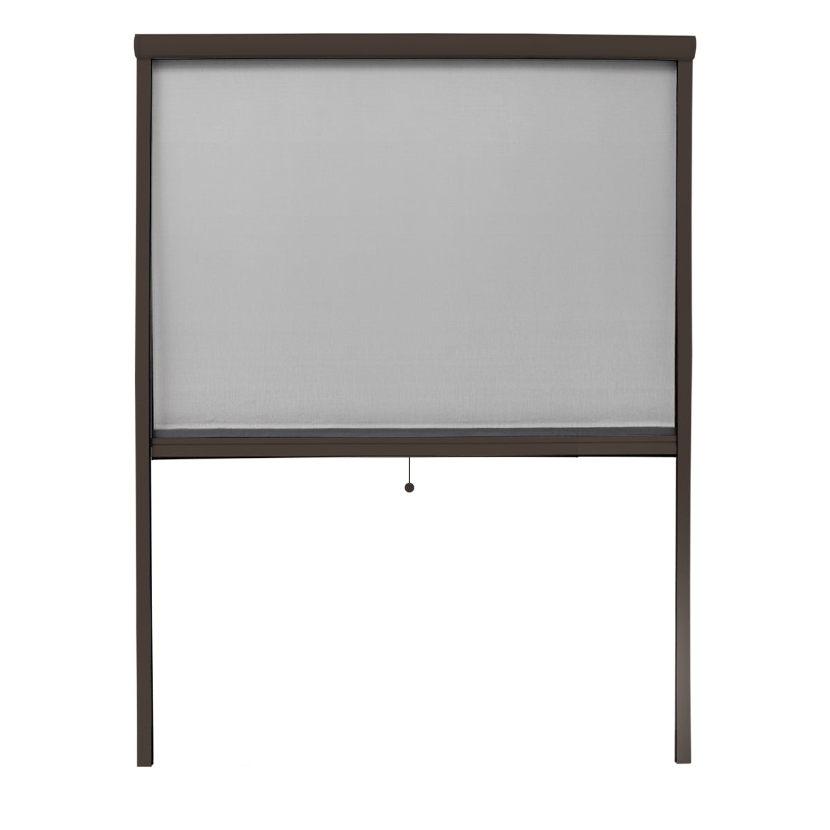 Rollosystem mit grauem Netz und einem Zugmechanismus.