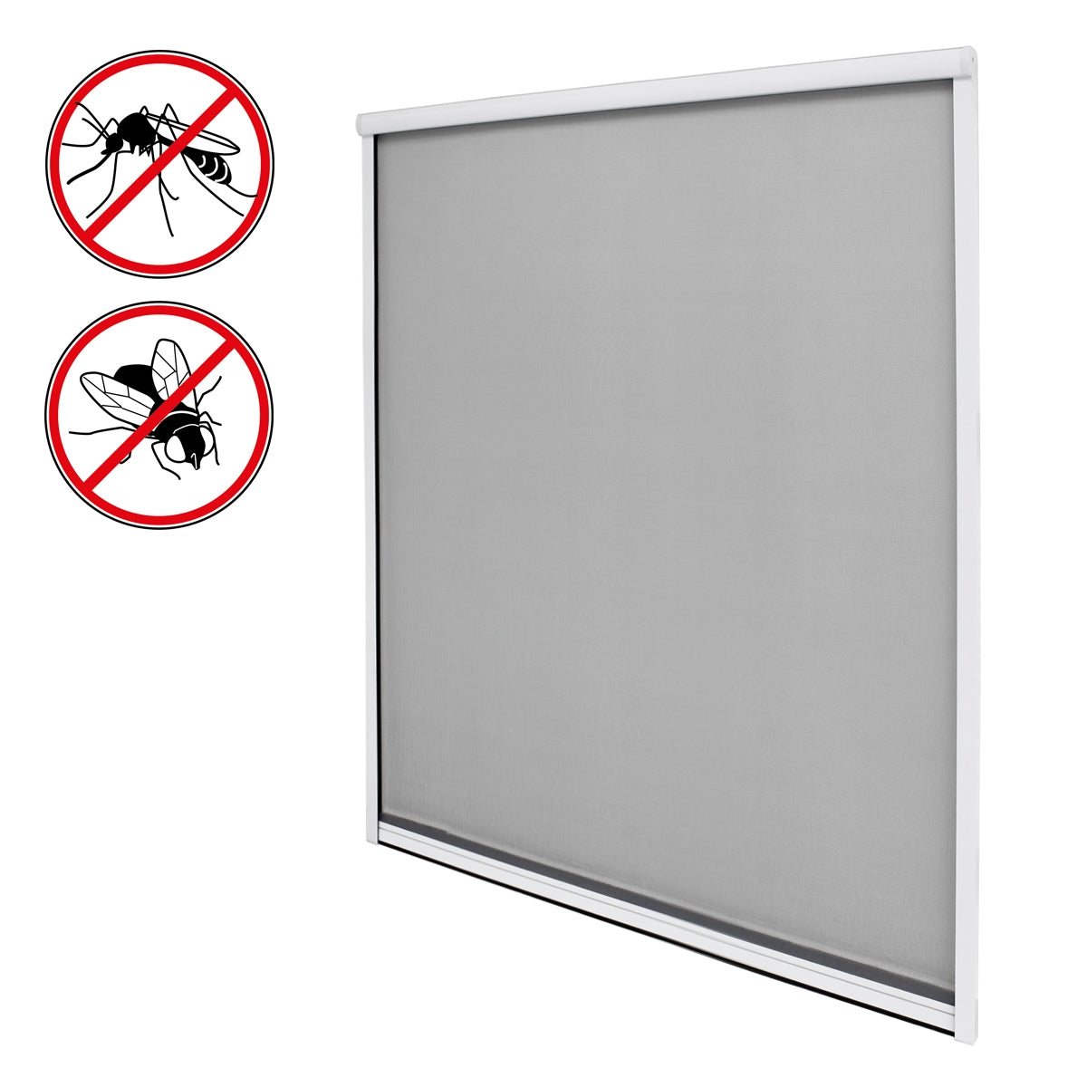 Insect protection roller blind with two symbols for flies and mosquitoes.