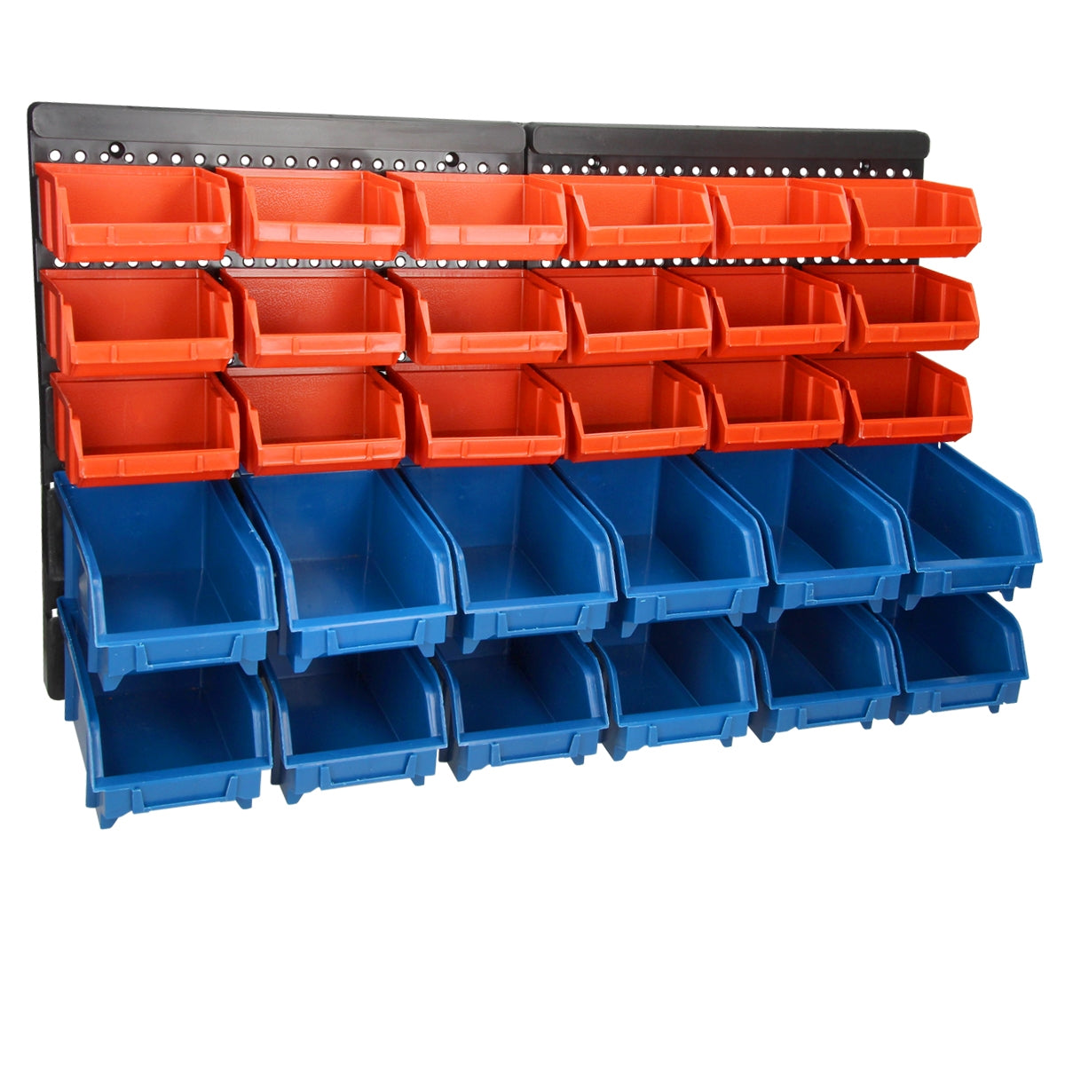 Wall shelf with red and blue storage boxes in various sizes.