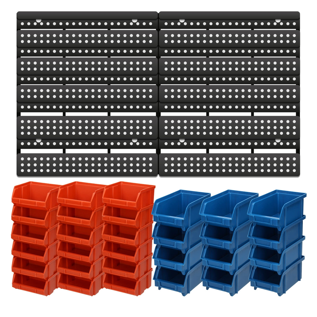 Two rows of perforated walls with several storage boxes in red and blue.