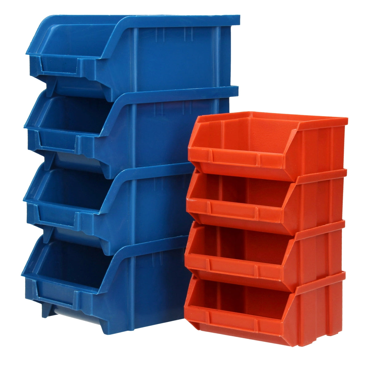 Stacks of blue and red plastic containers in various sizes.