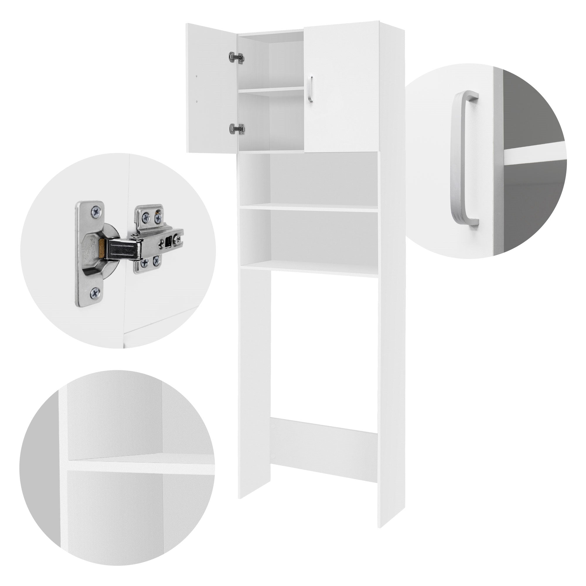 Weißer Schrank mit offenen Türen und Regalen, Scharniere und Griff sichtbar.