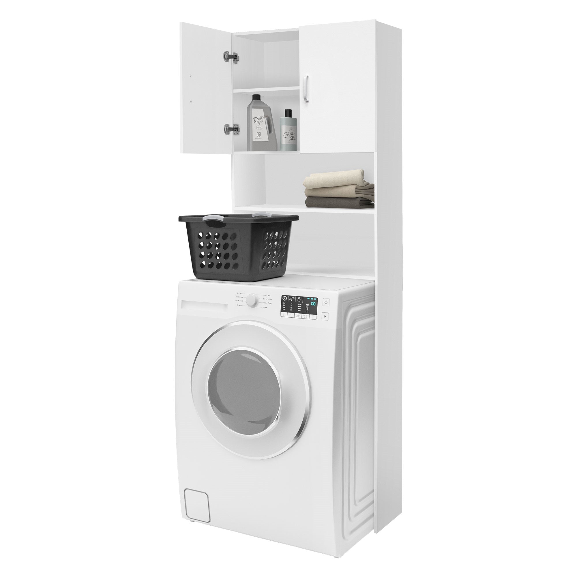Weißer Schrank mit Waschmaschine, Regalen und Wäschekorb.