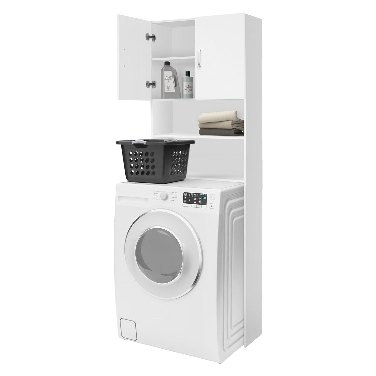 White cabinet with washing machine, shelves, and laundry basket.