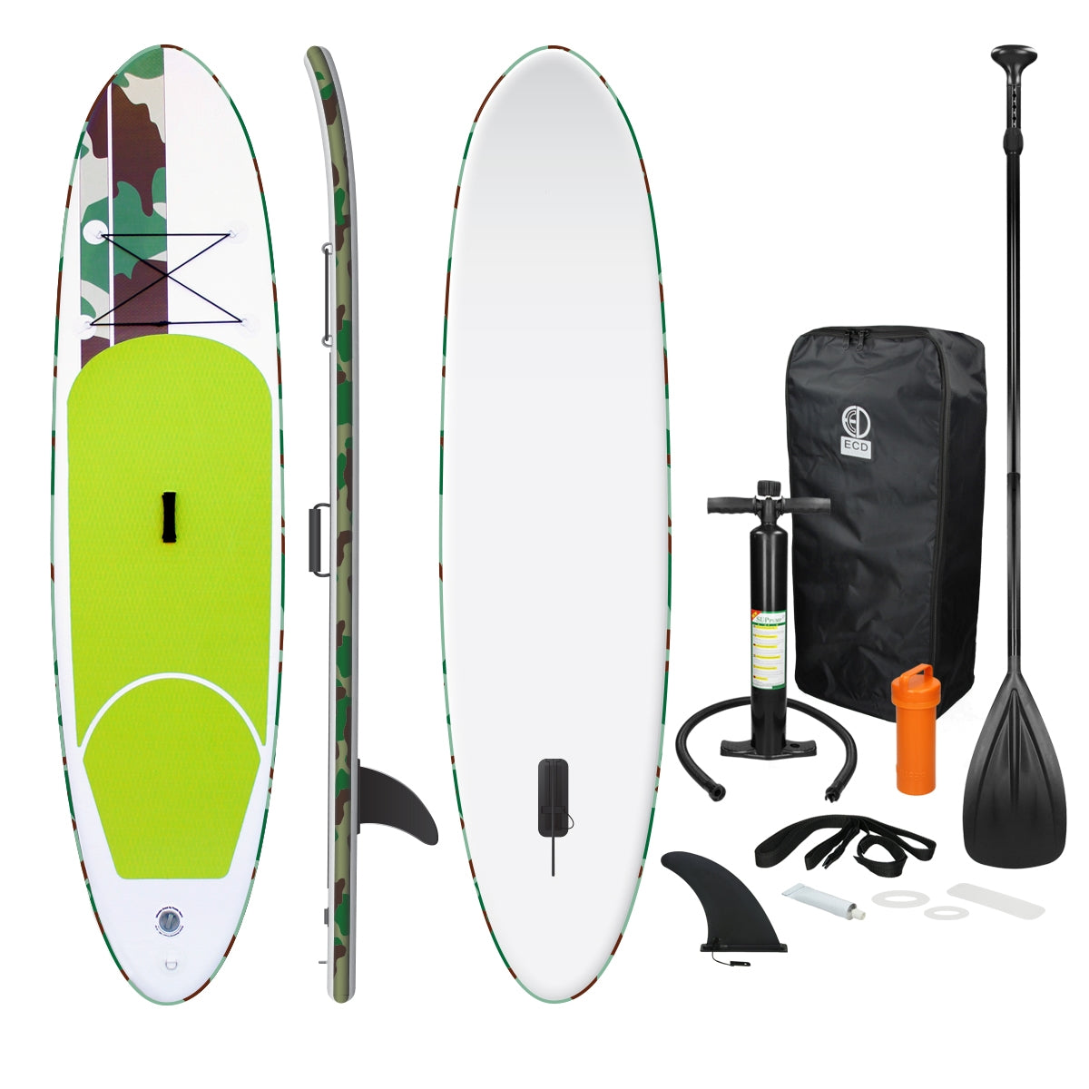 Zwei Stand-Up-Paddleboards in verschiedenen Farben mit Zubehör.